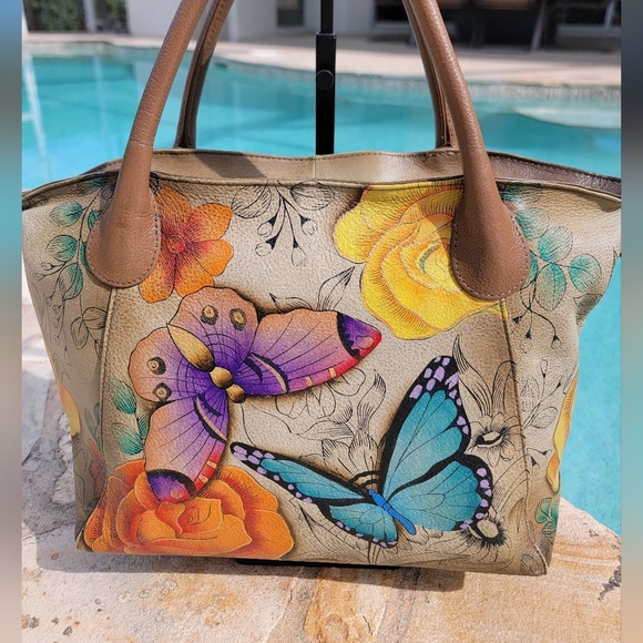 Anuschka Hand Painted Leather Satchel - Floral And Butterfly Design - Picture 7 of 16